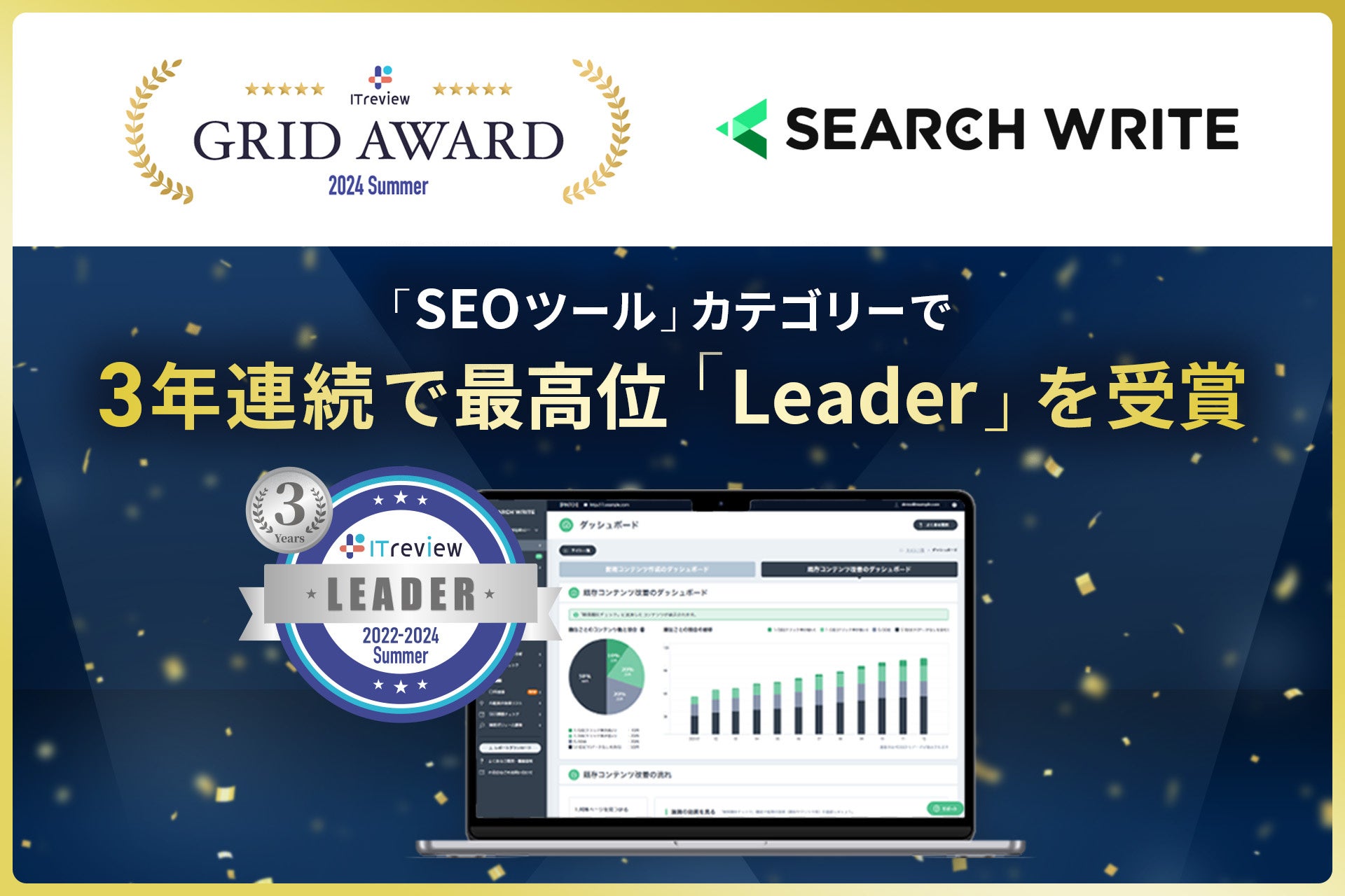 SEOツール「SEARCH WRITE」が「ITreview Grid Award 2024 Summer」で3年連続最高位「Leader」を受賞、殿堂入...