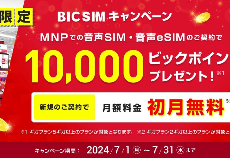 【BIC SIM】店舗申し込み限定で月額料金が初月無料、さらにビックポイントを10,000ポイント還元！