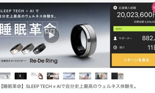 Makuake(マクアケ)で先行販売中の
次世代スマートリング「Re・De Ring」の応援購入総額が、
目標金額の400％となる2,000万円を達成！！