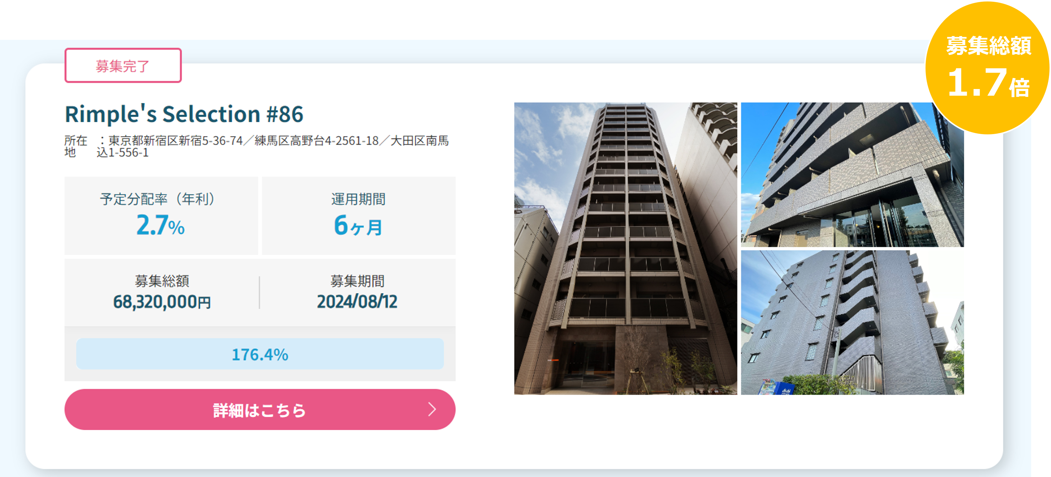プロパティエージェントの展開する不動産クラウドファンディングRimple’s Selection#86募集総額176.4％の1.2...