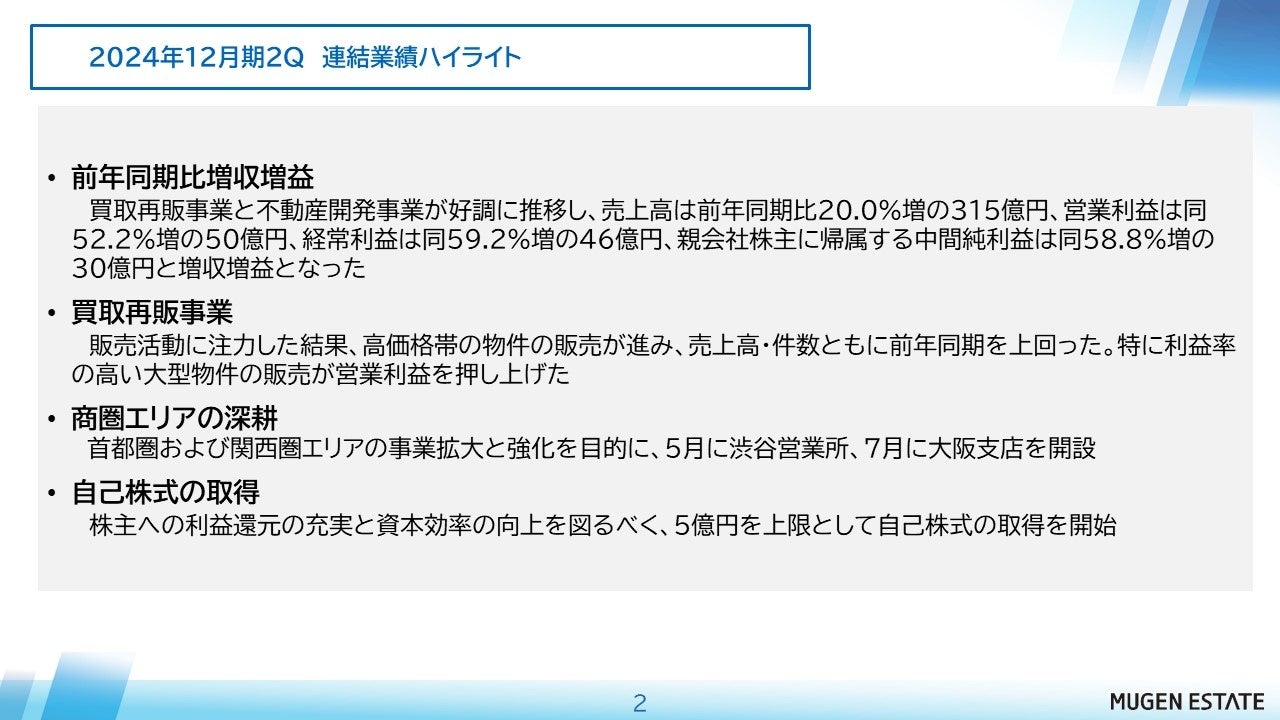 2024年12月期第2四半期決算について