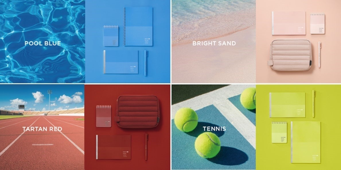 （上段左から）「POOL BLUE」、「BRIGHT SAND」、（下段左から）「TARTAN RED」、「TENNIS」