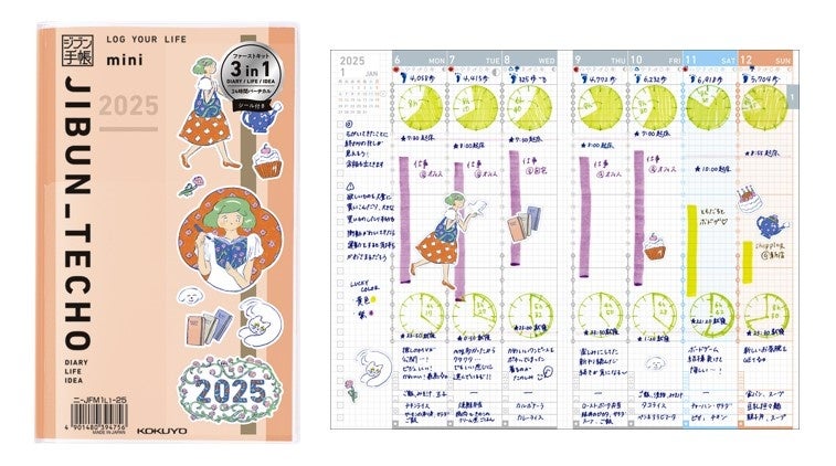 （左）ジブン手帳 2025 ファーストキット サーモンピンク　パッケージ例 、（右）ステッカー使用例