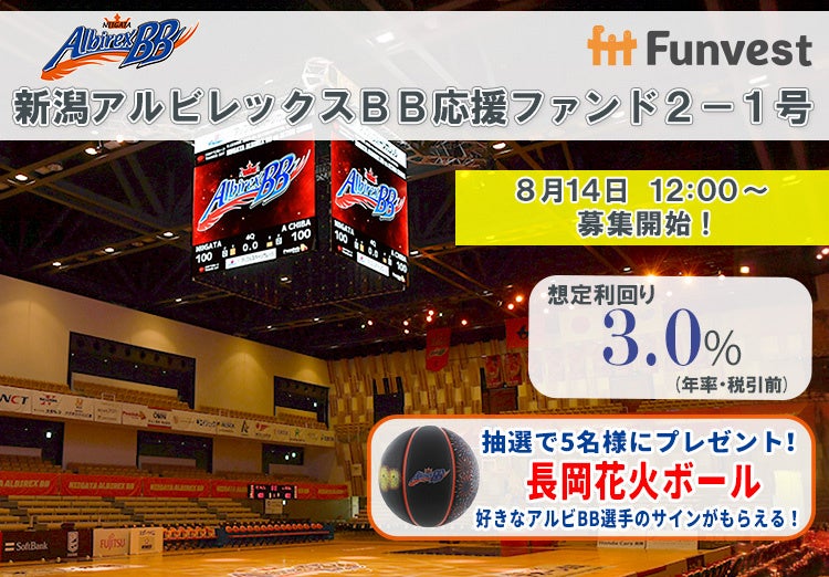 貸付型クラウドファンディング「Funvest」8/14より新ファンド「新潟アルビレックスBB応援ファンド２－１号」...