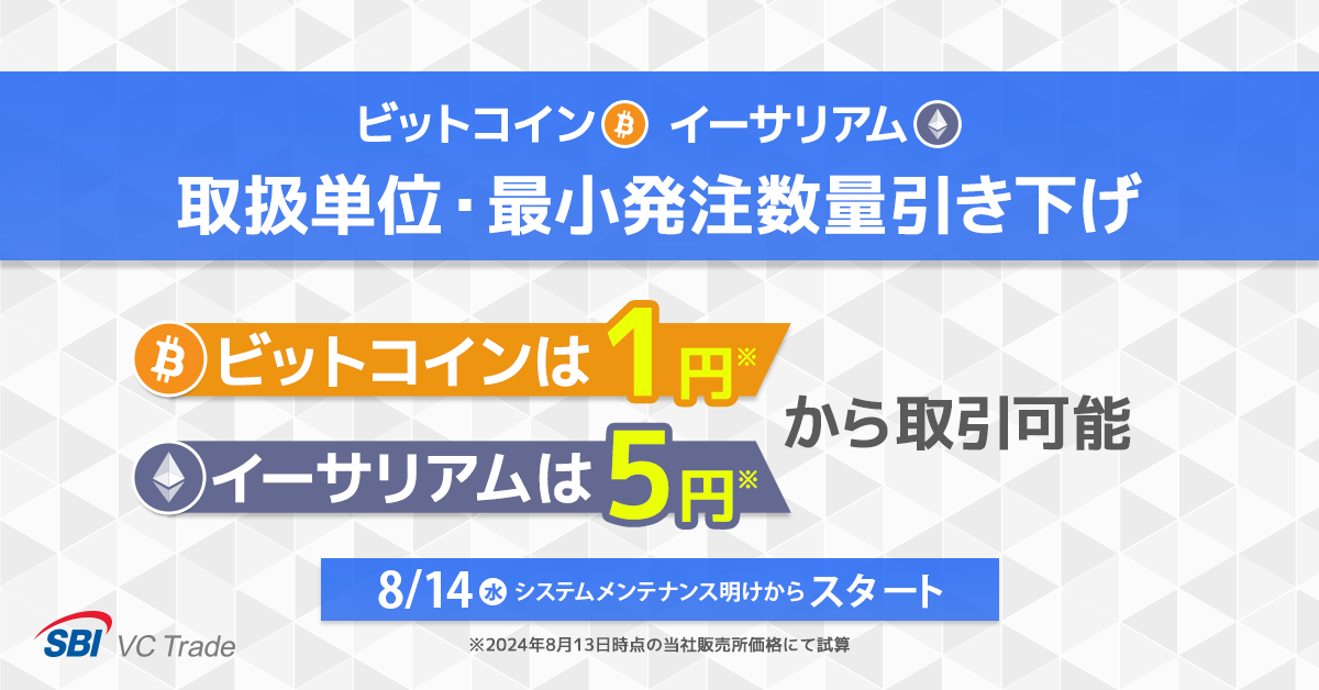 ビットコイン（BTC）とイーサリアム（ETH）、取扱単位・最小発注数量引き下げのお知らせ～ビットコインは1円※...