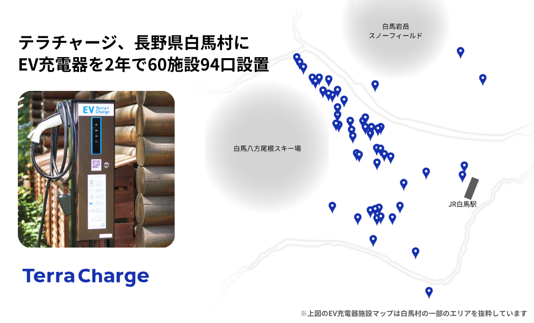 テラチャージ、長野県白馬村にEV充電器を約2年で60施設94口設置、日本屈指のEV先進エリアとして「持続可能な...