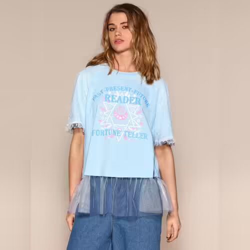 女性用夏用短袖Tシャツ、レタームーンプリント、丸首