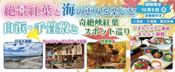 お一人様9,800円！〈大阪駅・天満橋・なんば発着〉12月5日(木) 絶景紅葉と海の恵みを楽しむ白浜・千畳敷と奇絶峡紅葉スポット巡り。〈添乗員付き〉日帰りバスツアー